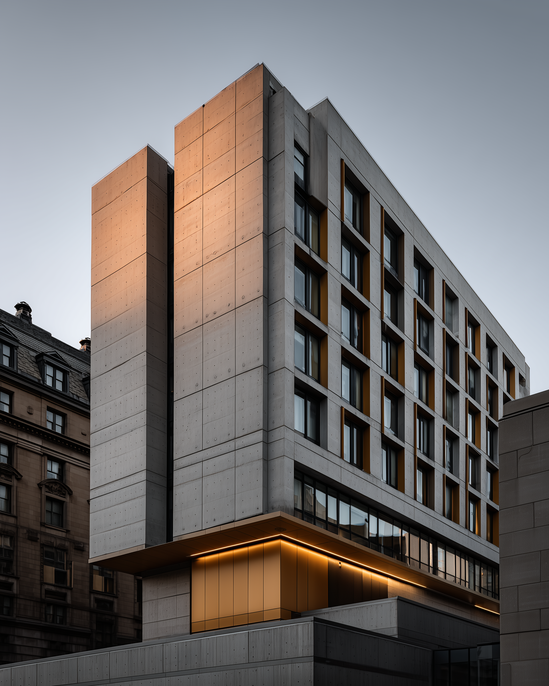 Torre brutalista, hora dorada, Midjourney V7